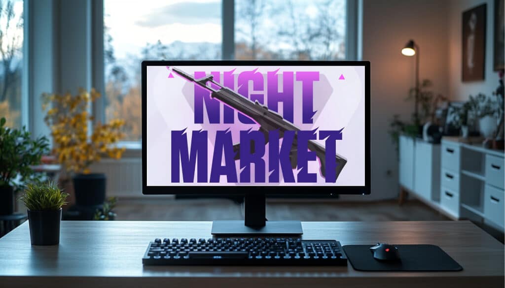 A computer screen in a cozy room displays "Night Market" with an illustrated rifle overlay