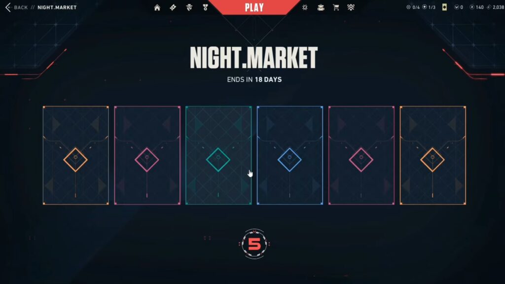 Interface screenshot for a game event "Night Market," showing item selection cards and a countdown timer of 5 seconds. Ends in 18 days.